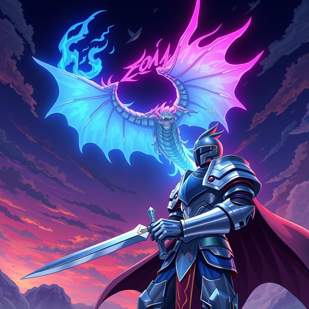 Knight and Dragon in Cel-Shaded Anime Style