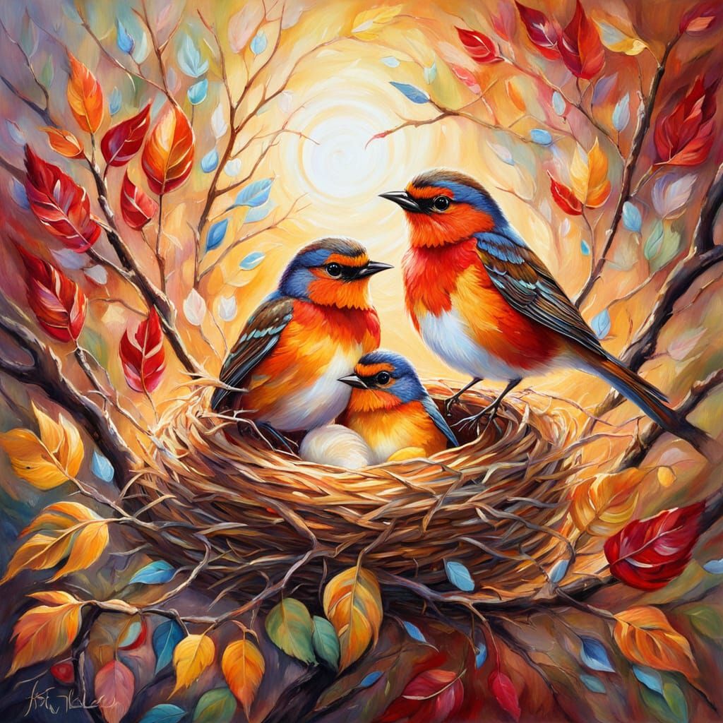 Pair of Robins in Nest: Vibrant Oil Painting