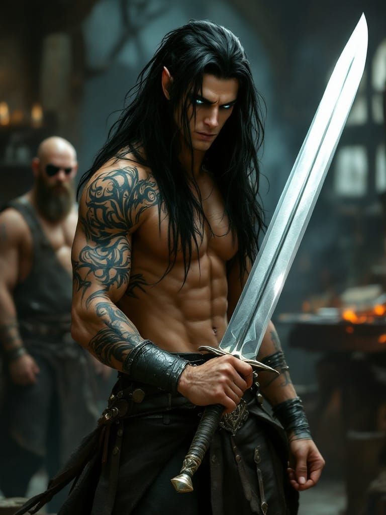 Elegant Elven Warrior Inspects Mastercrafted Sword