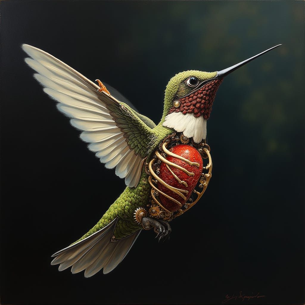 Clockwork Hummingbird: Surreal Oil Painting Close-Up