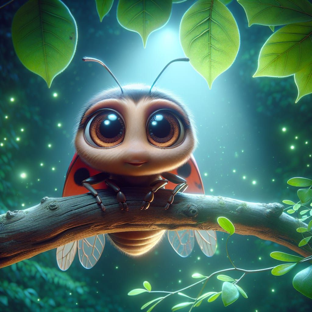 Anthropomorphic Ladybug in Magical Nighttime Scene