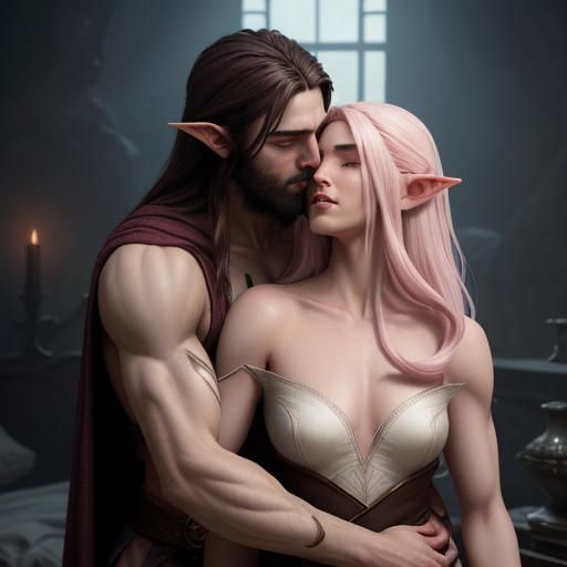 Elven Couple Kissing in Dark Bedroom, Fantasy Art