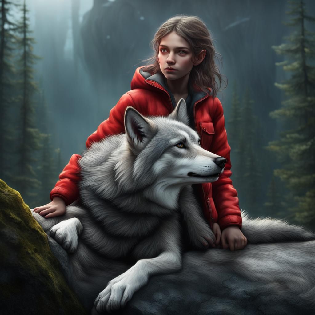 Girl Hugging Wolf: Detailed Matte Painting