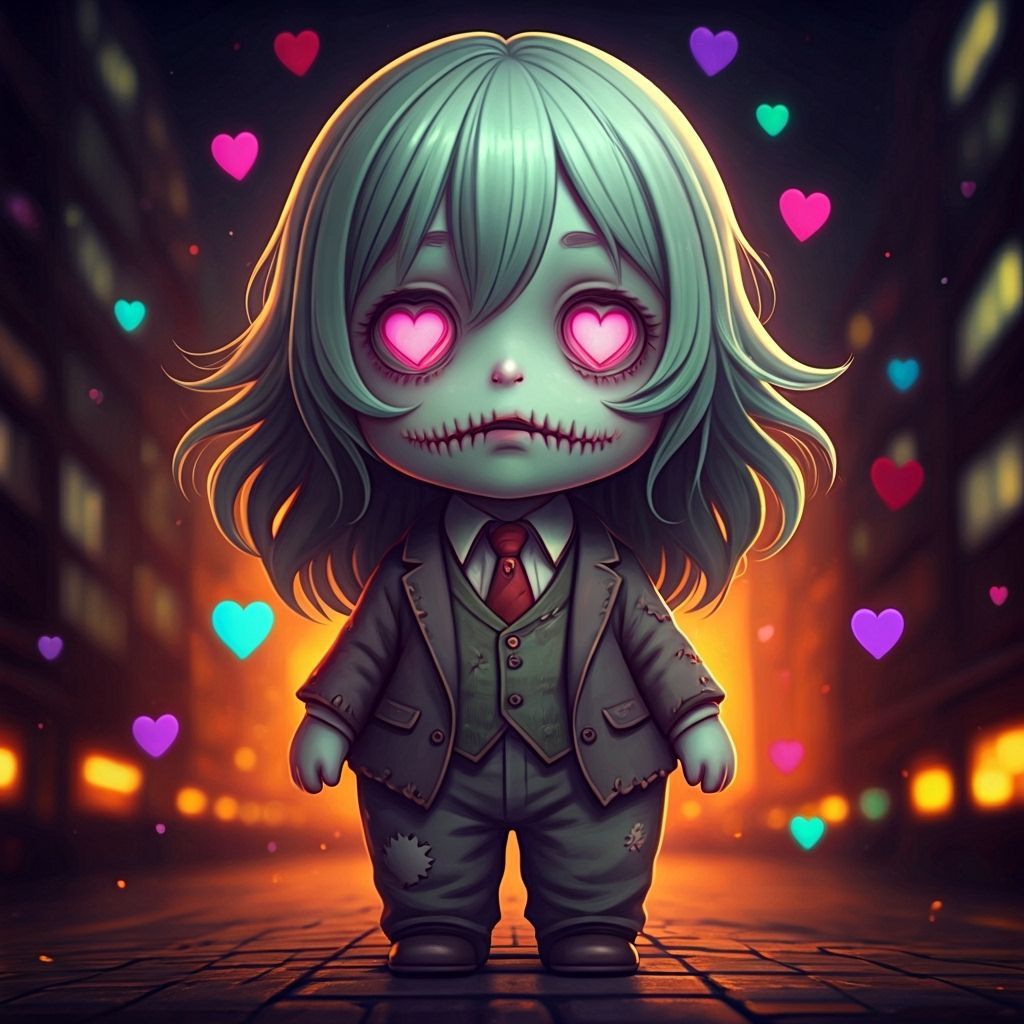 Kawaii Chibi Zombie Surrounded by Hearts