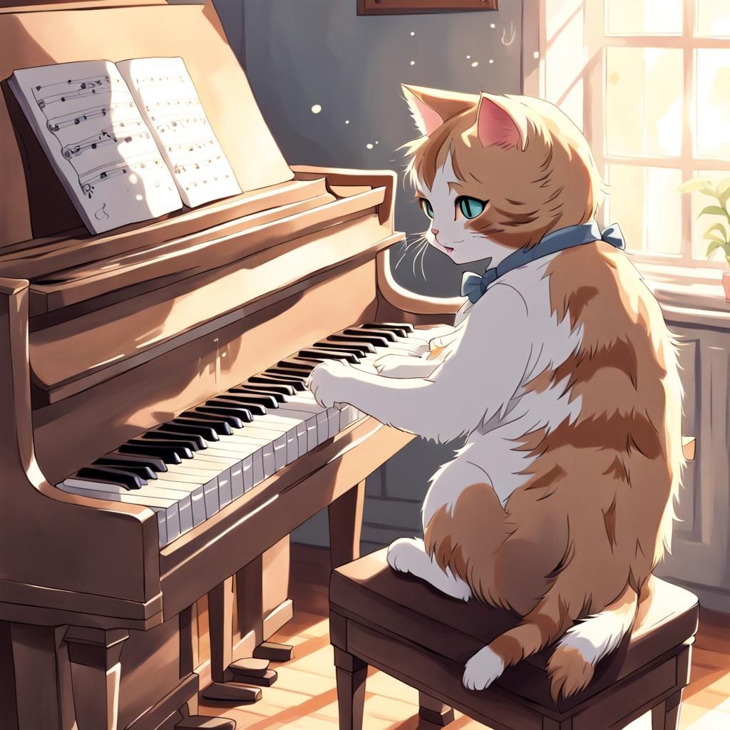 Anime Cat Playing Piano in Manga Style