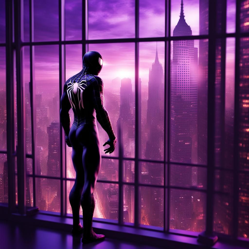 Spiderman in Black Costume with Purple Light