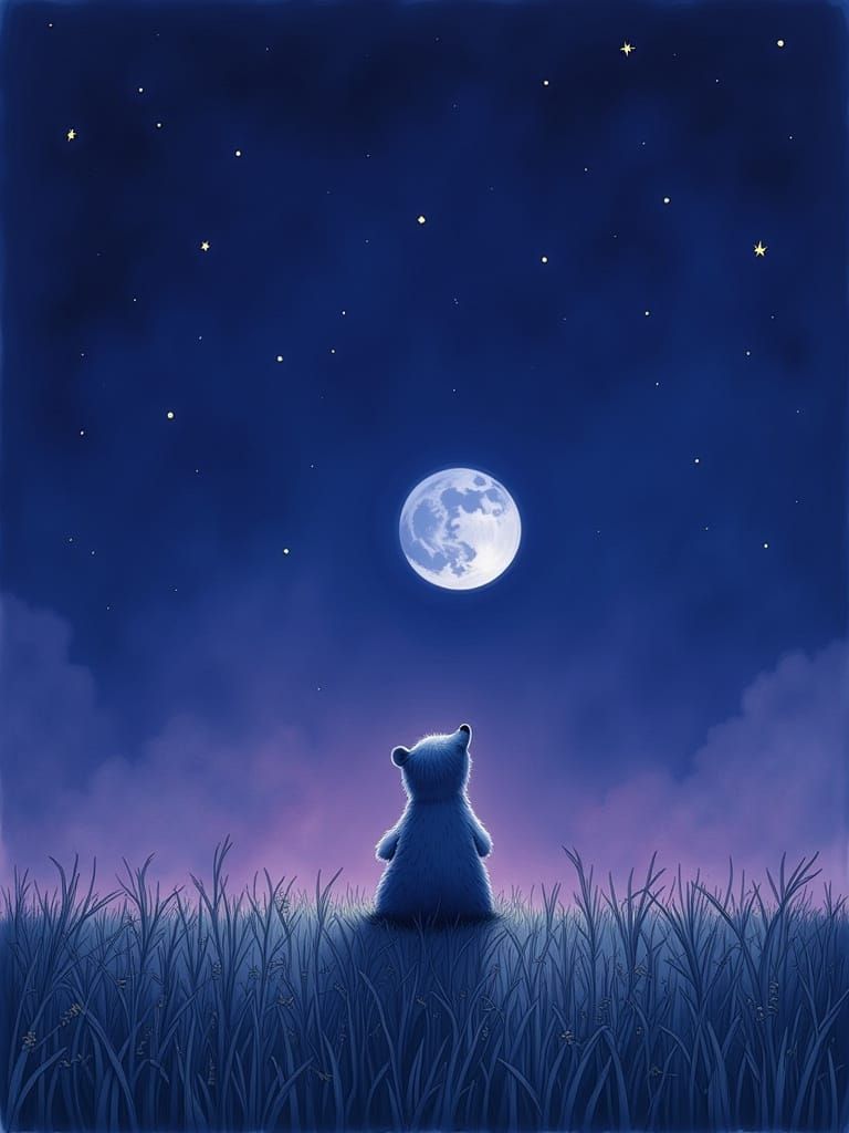 Whimsical Nighttime Scene of a Curious Bear