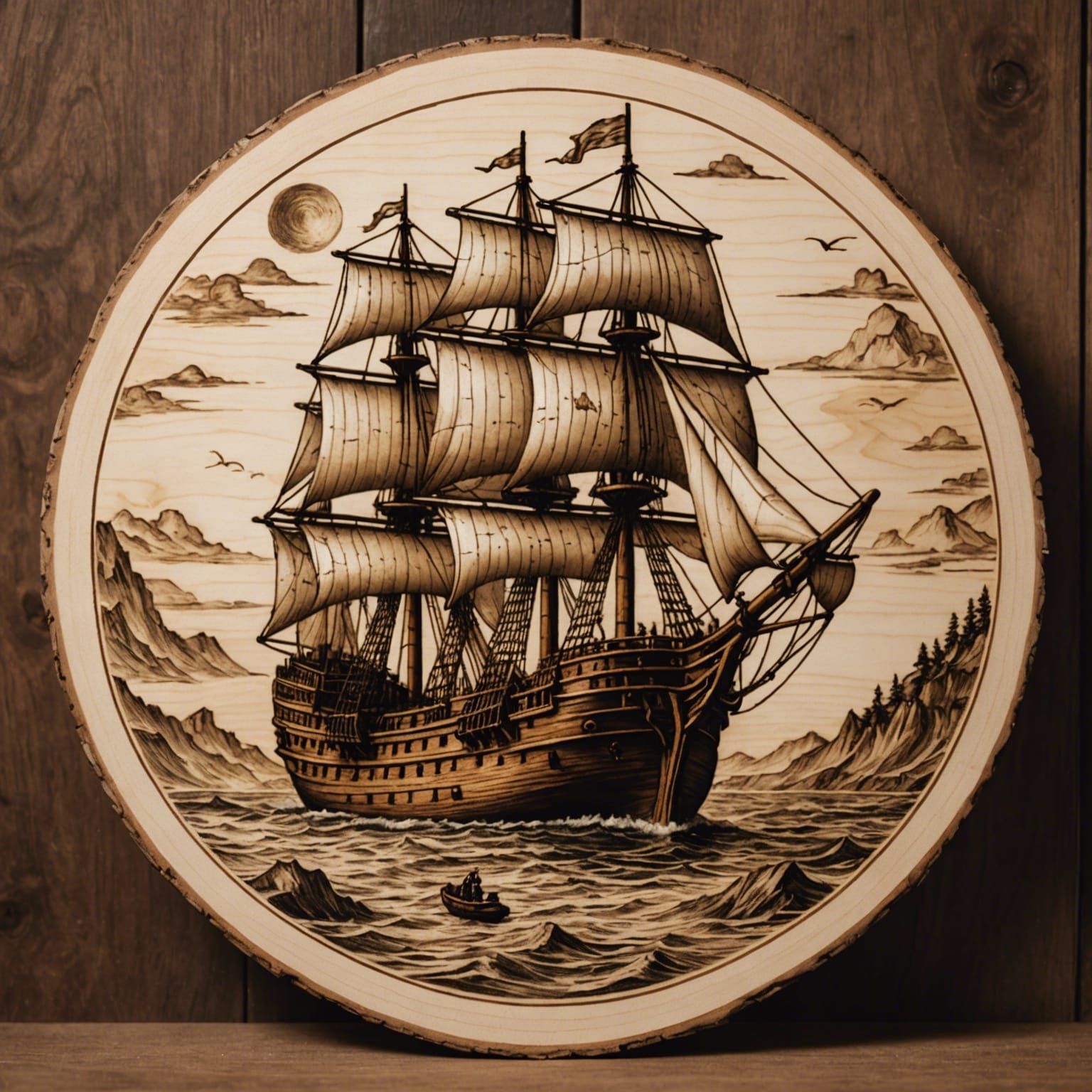 Wood Burned Marco Polo Ship on Pine