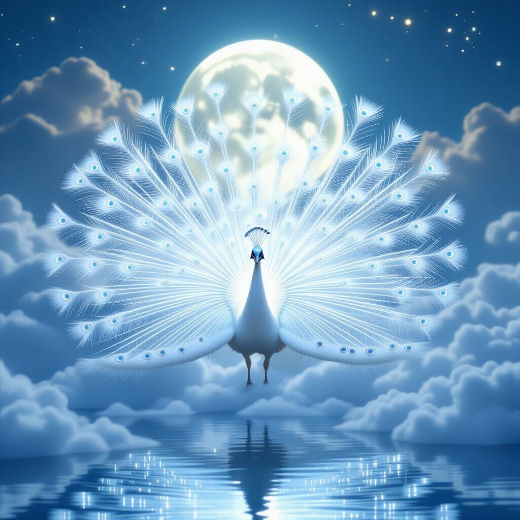 White Peacock Merged with Clouds and Moonlight