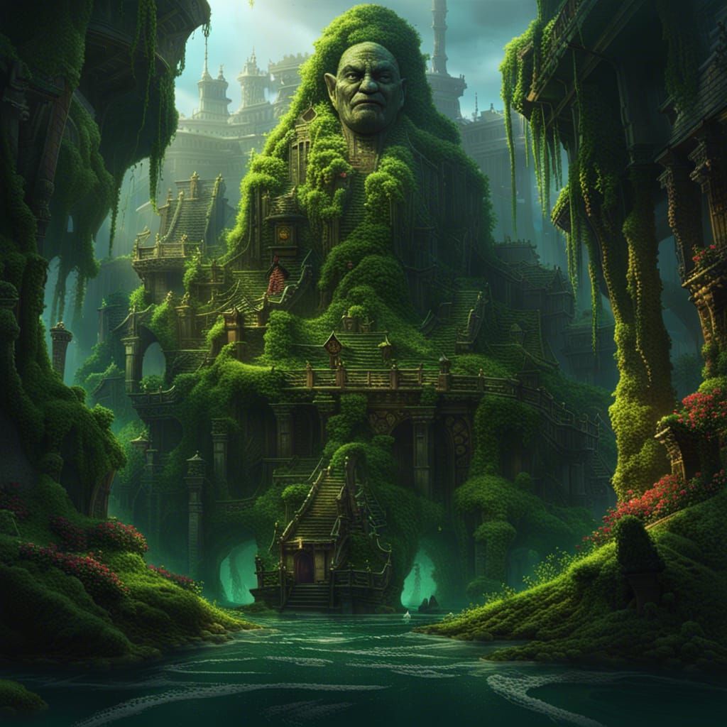 Lush Vines Envelop Deserted City in Dark Fantasy Art
