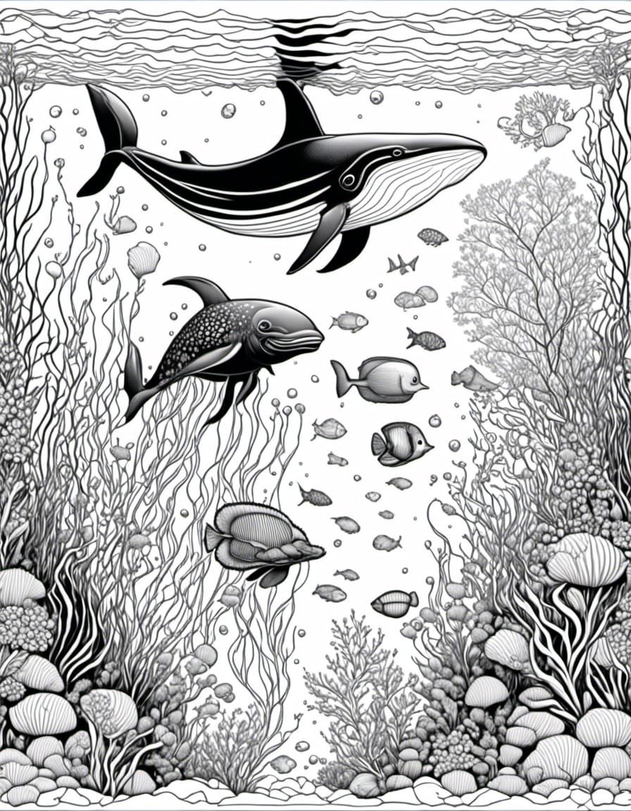 Ocean Coloring Book Page with Marine Life