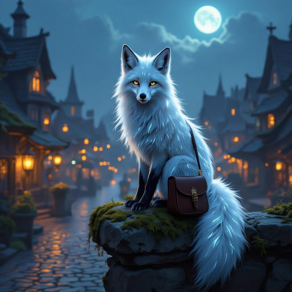 Bioluminescent Fox Overlooking Fantasy Market at Twilight