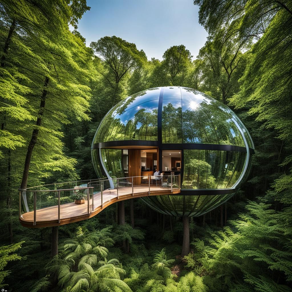 Futuristic Ellipsoid Glass Treehouse Among Huge Trees