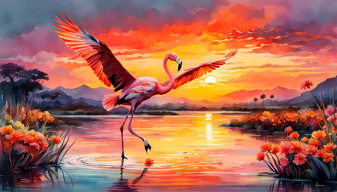 Eternal Flowers in Digital Watercolor Sunset