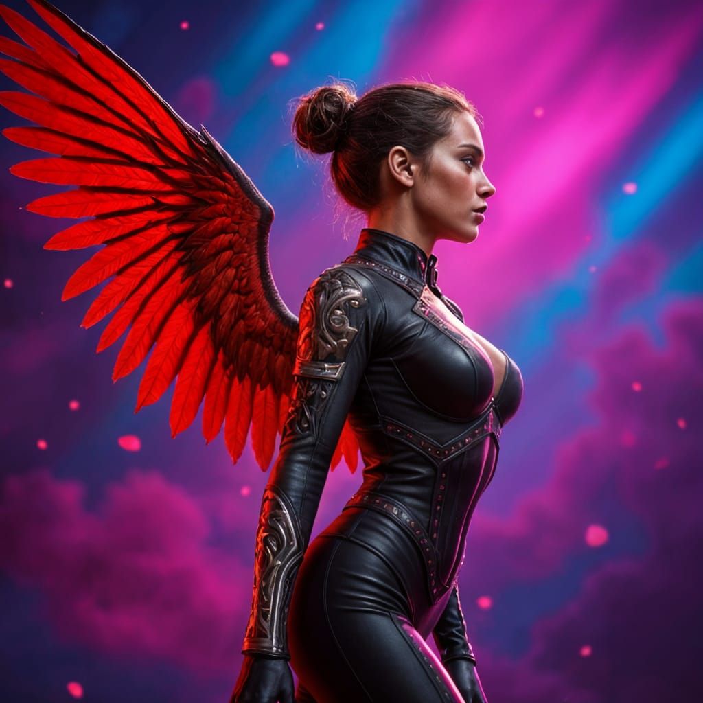 Hyperrealistic Demoness with Red Wings in Striking Profile