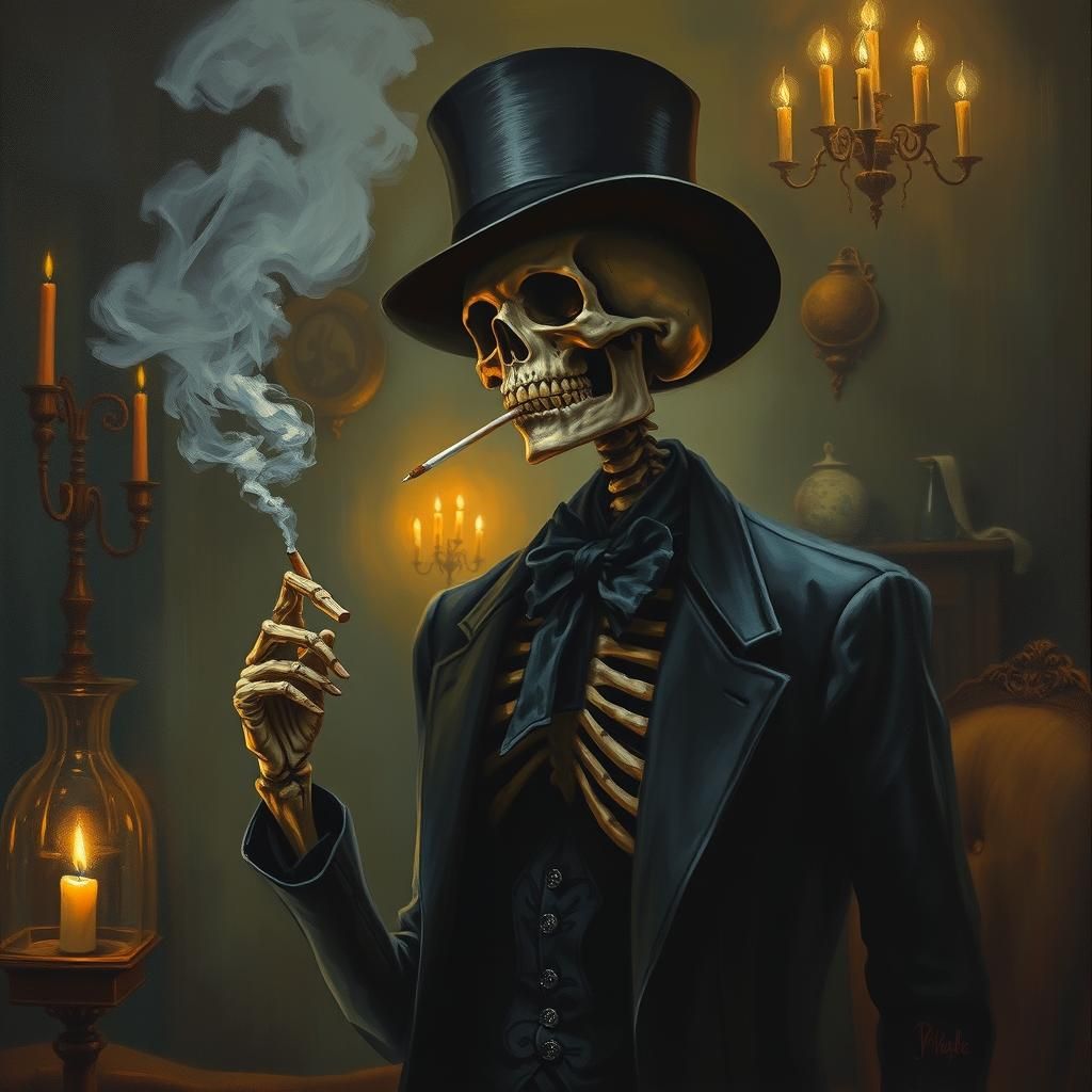 Skeleton in Parlor Smoking, Gurney Style Oil Painting