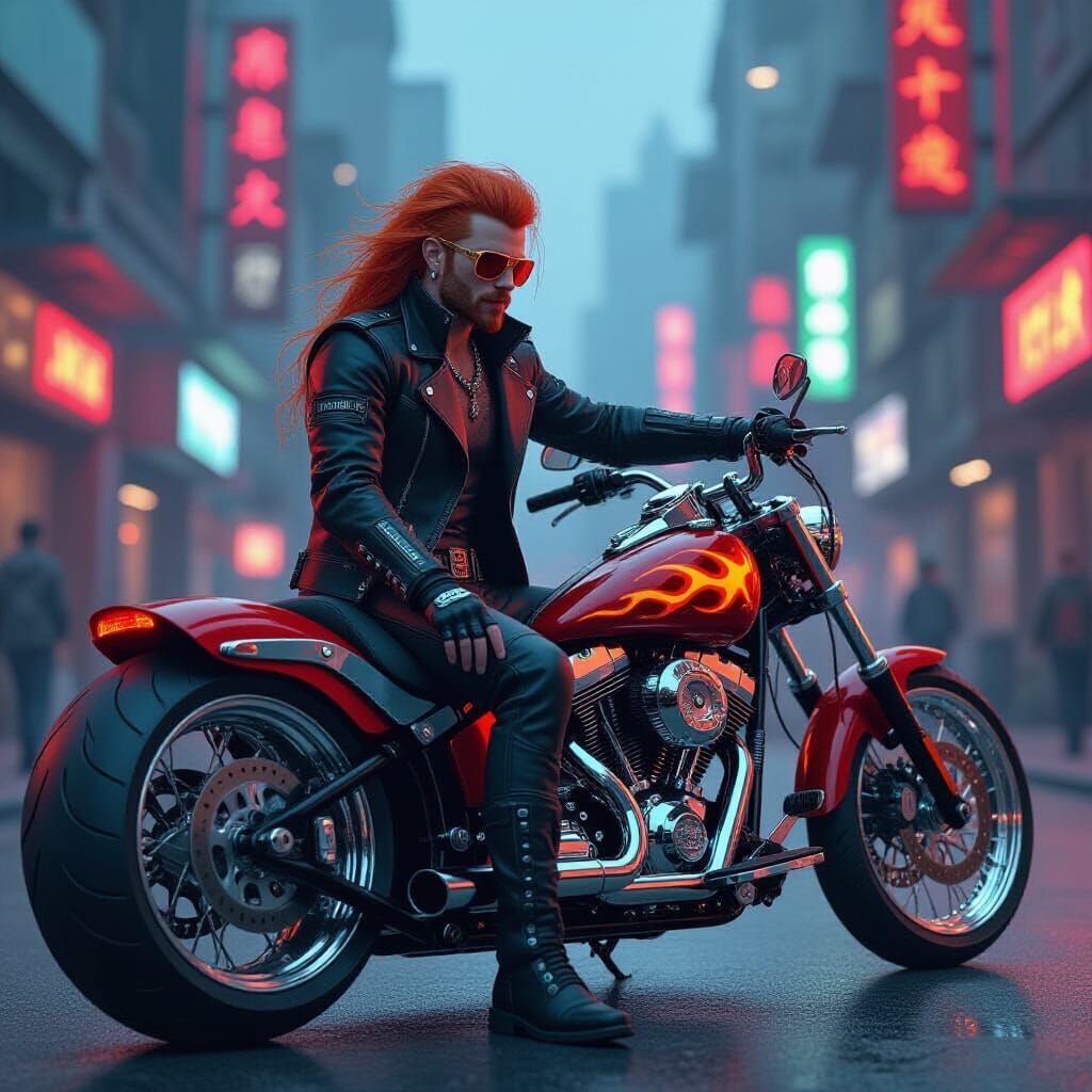 Cyberpunk Vampire King on Motorcycle in Neon City