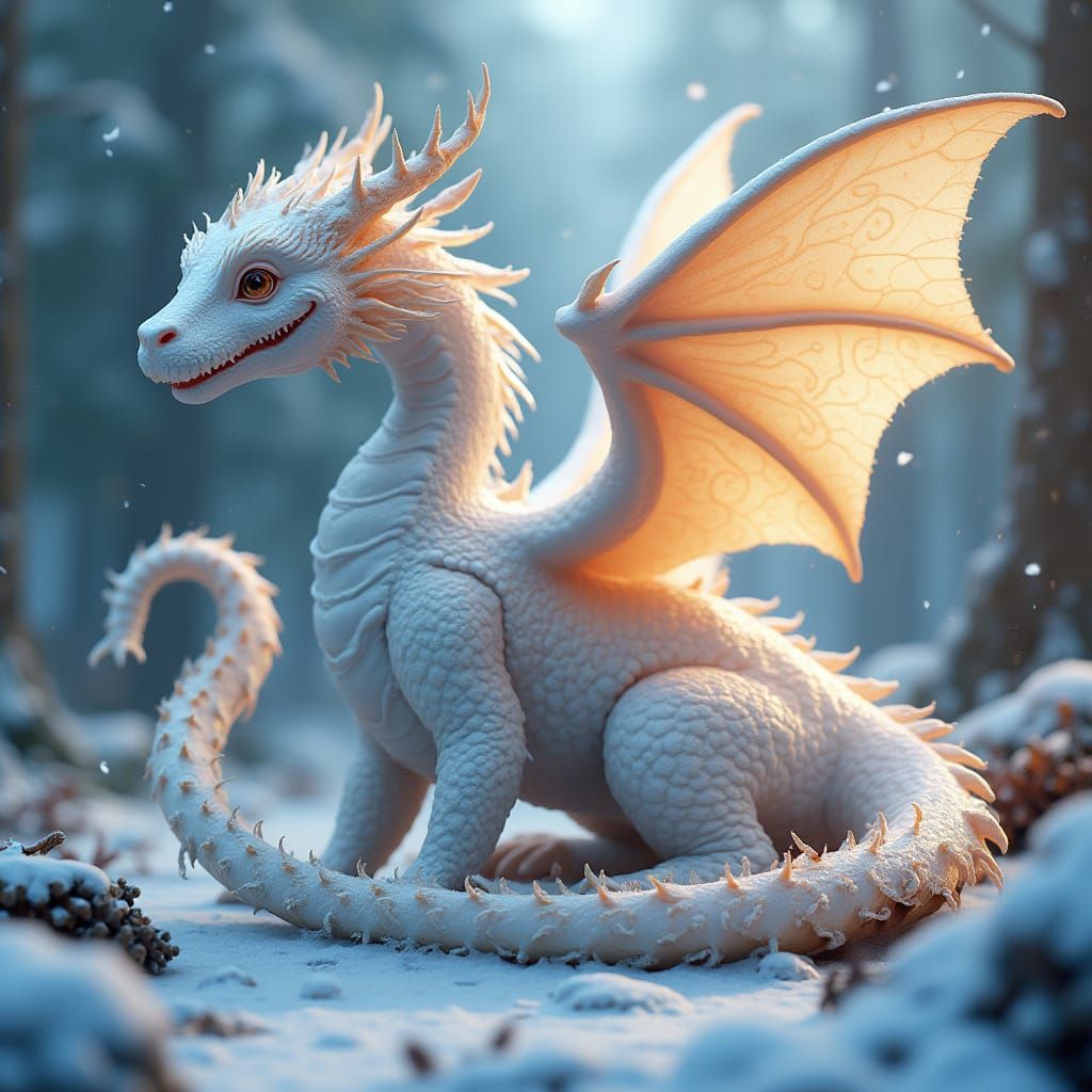 Majestic White Dragon in Enchanted Snowy Forest with Pinecon...