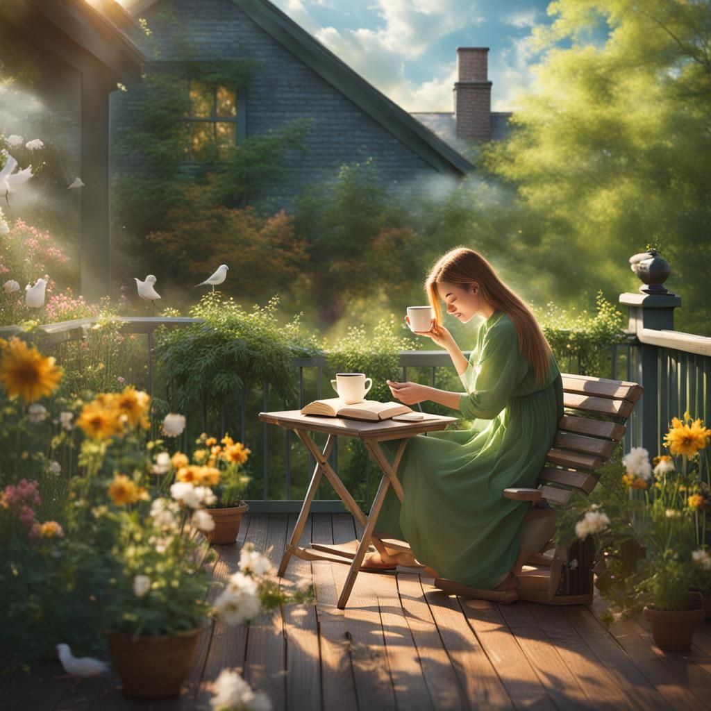 Woman Reading Outdoors on Sunny Spring Morning