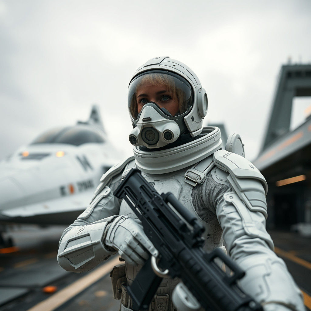 Sci-Fi Female Figure in White Spacesuit on Spaceport