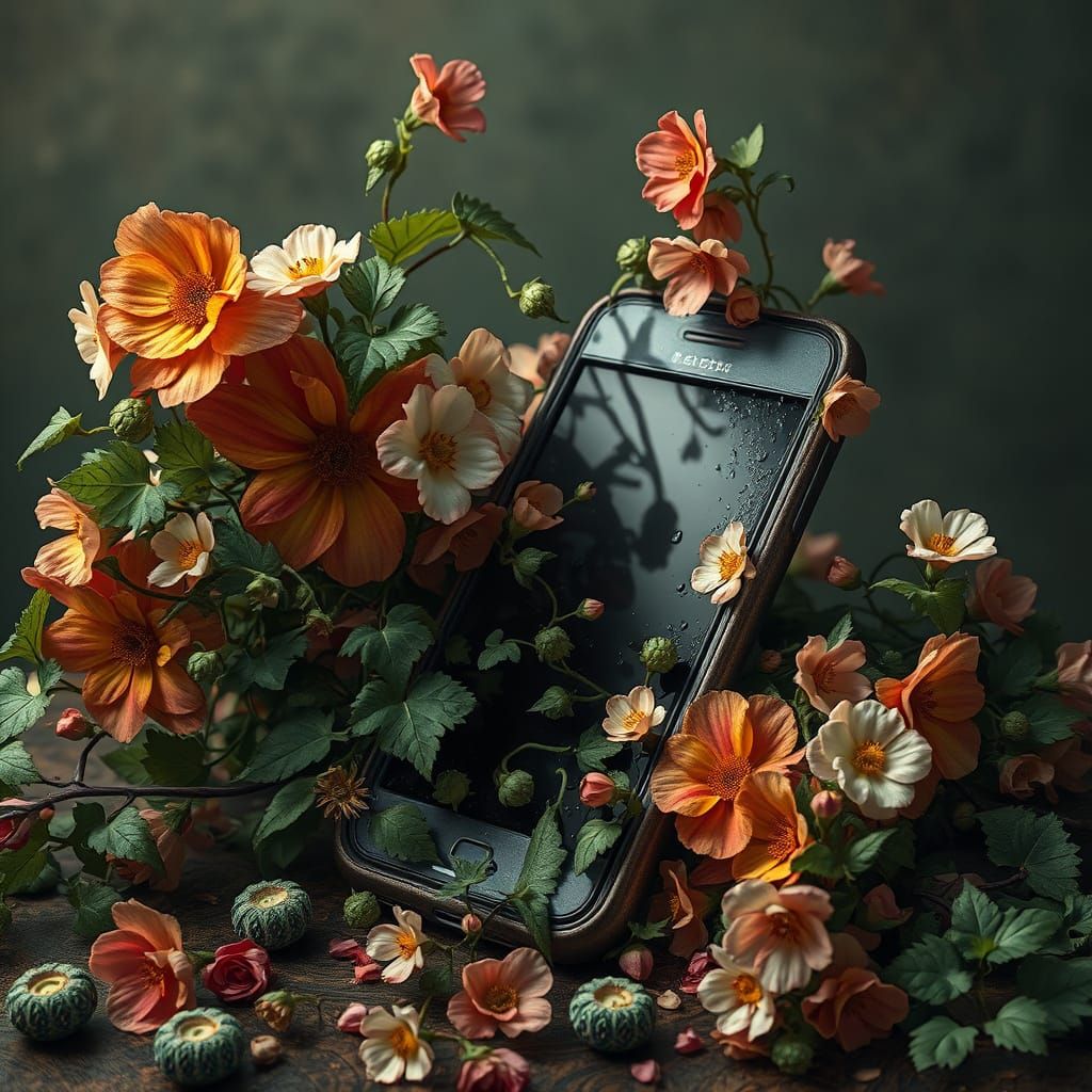 Flowers Bloom From Broken Phone: Surreal Art Nouveau