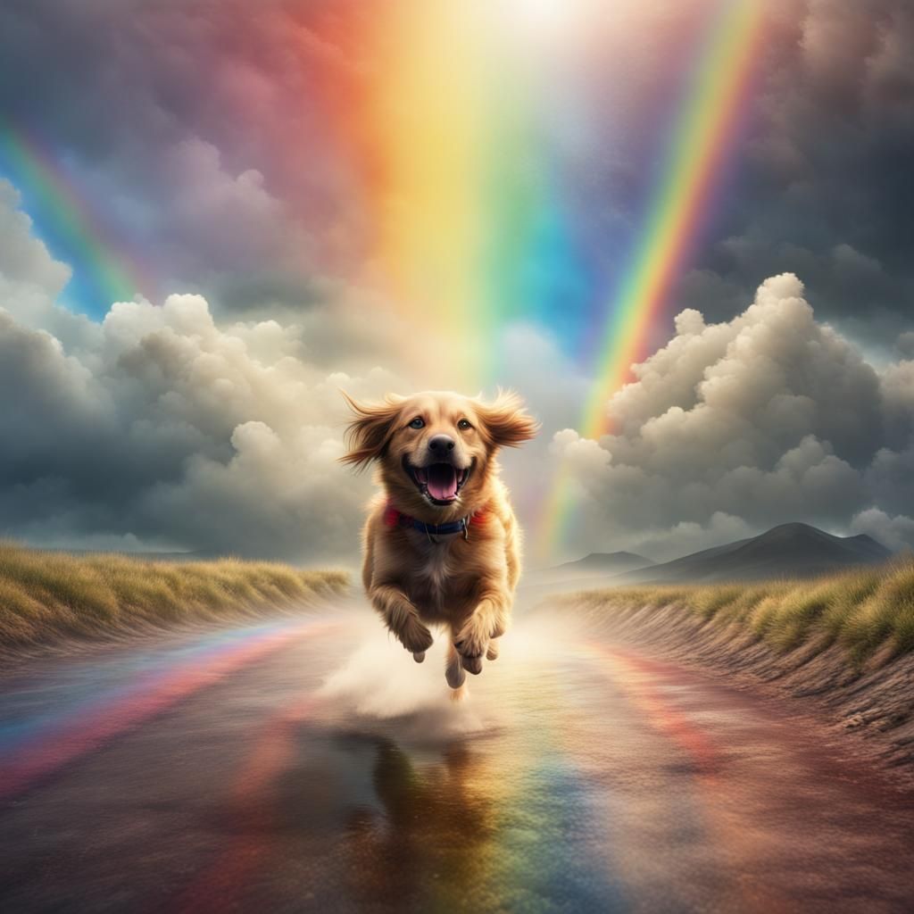 Dog Running on Rainbow Bridge to Heaven
