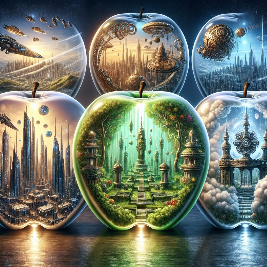 Civilizations Encased in Glass Apples: A Surreal Vision