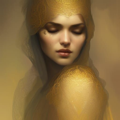 Golden Lace Veil Portrait in Hyperdetailed Style