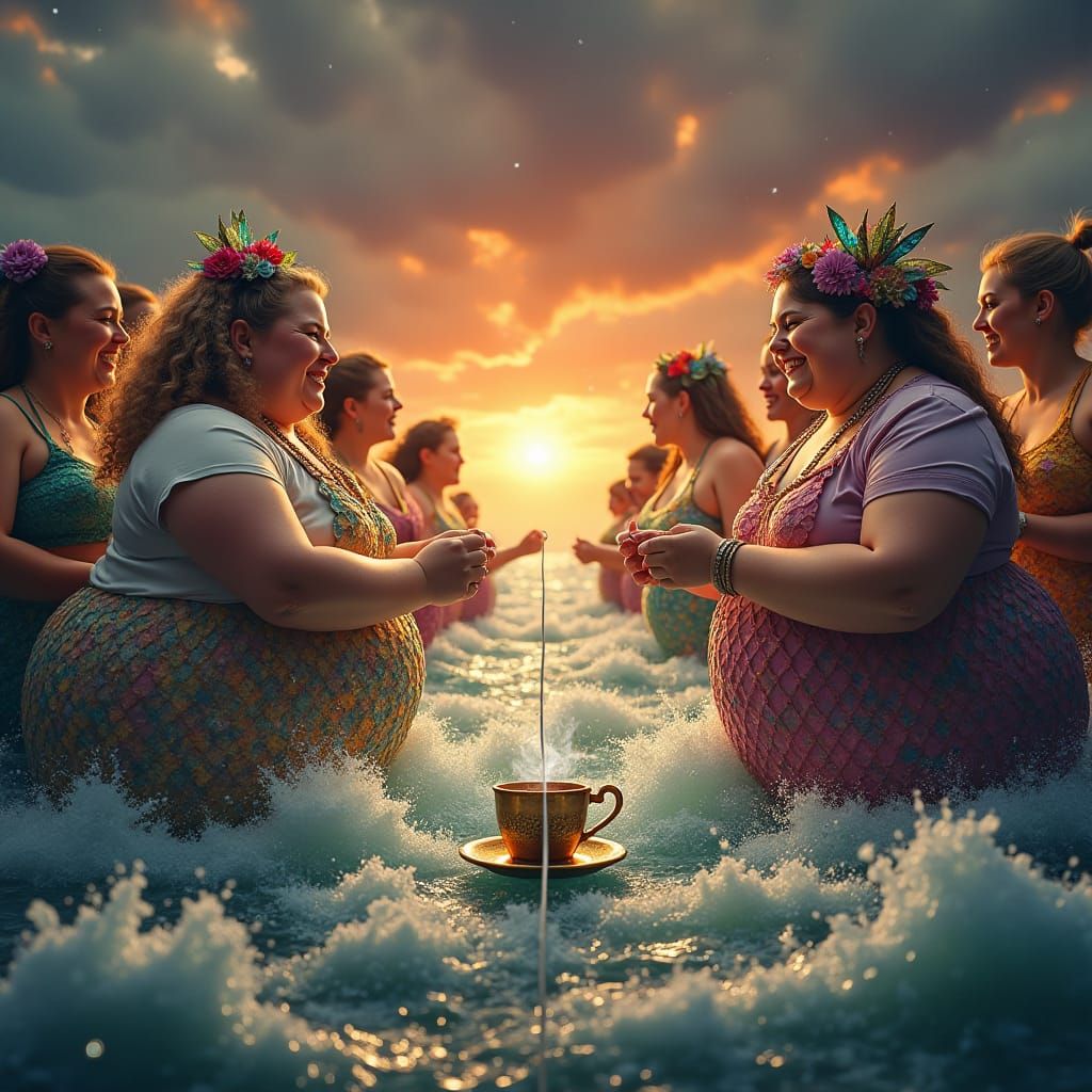 Joyful Women Tug-of-War on Raging River at Sunset