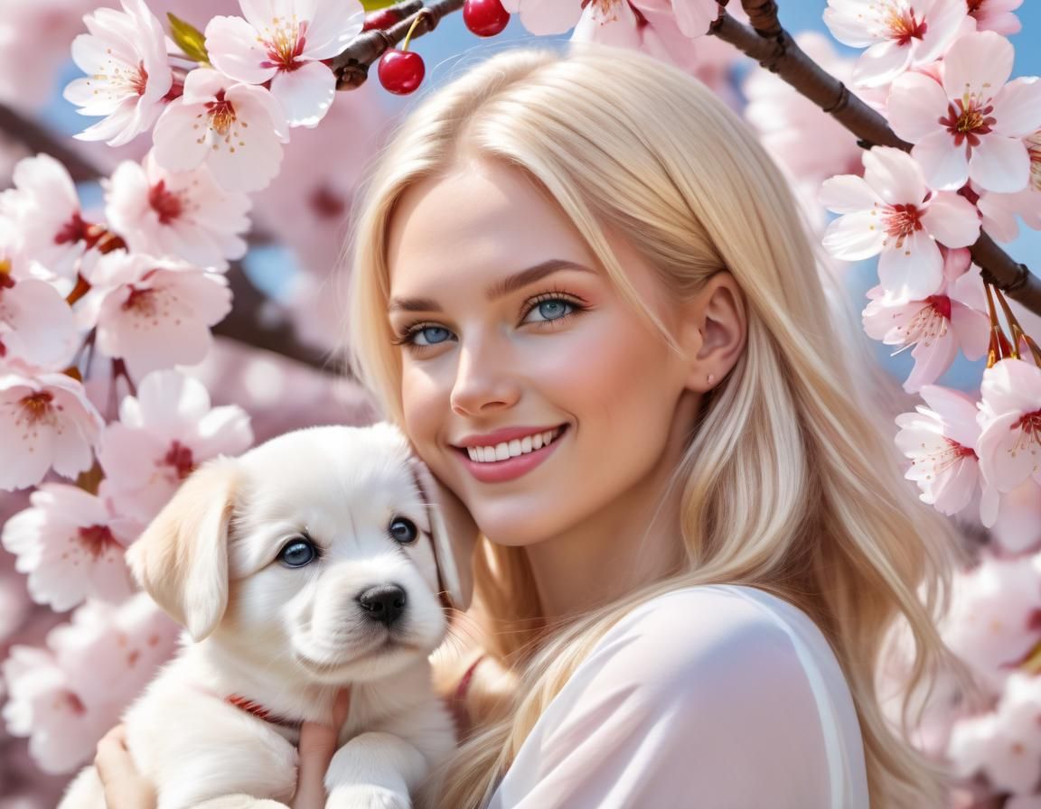 Girl with Puppy in Spring Blossom Garden