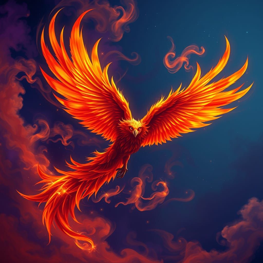 Vibrant Phoenix in Flight Amidst Swirling Clouds of Orange a...