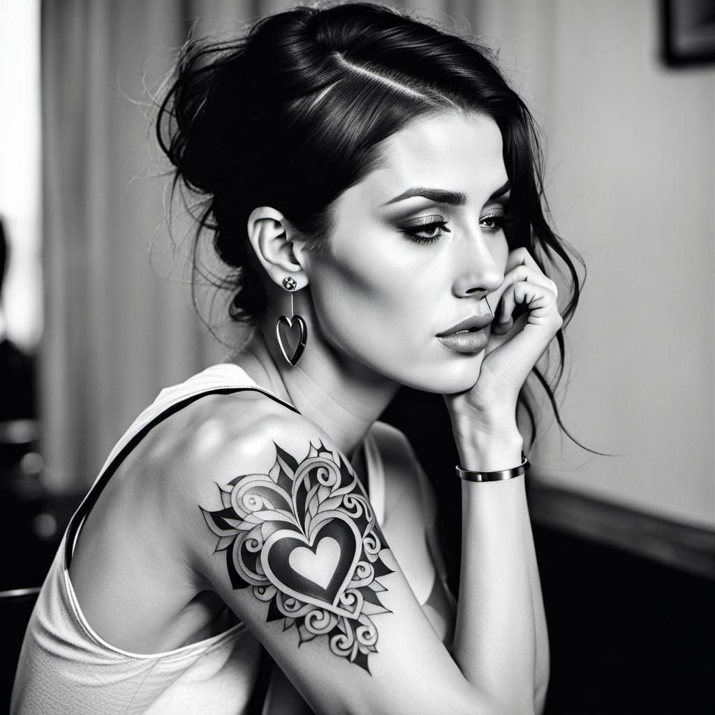 Sad Woman with Broken Heart Tattoo Illustration