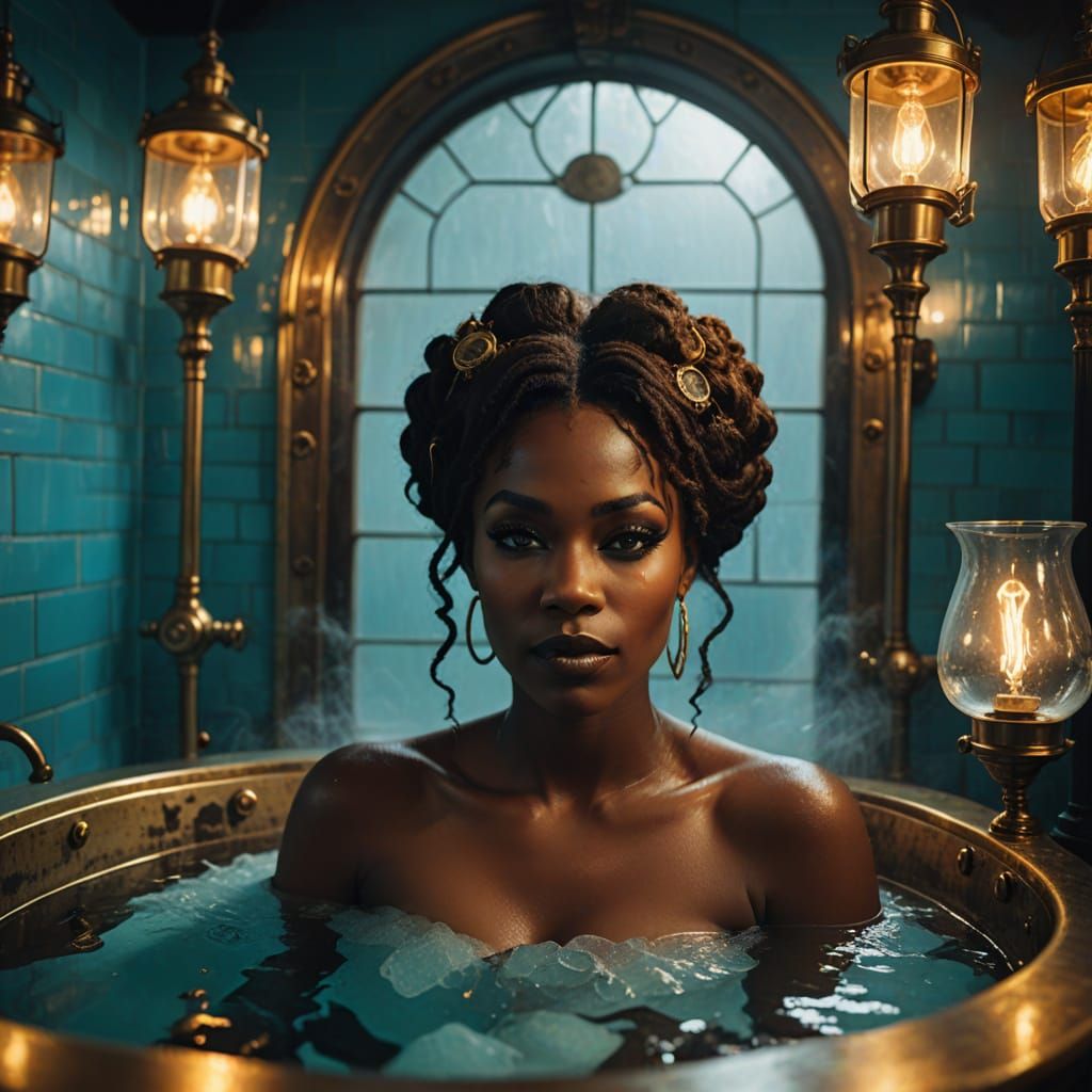Black woman enjoy lay in bathtub