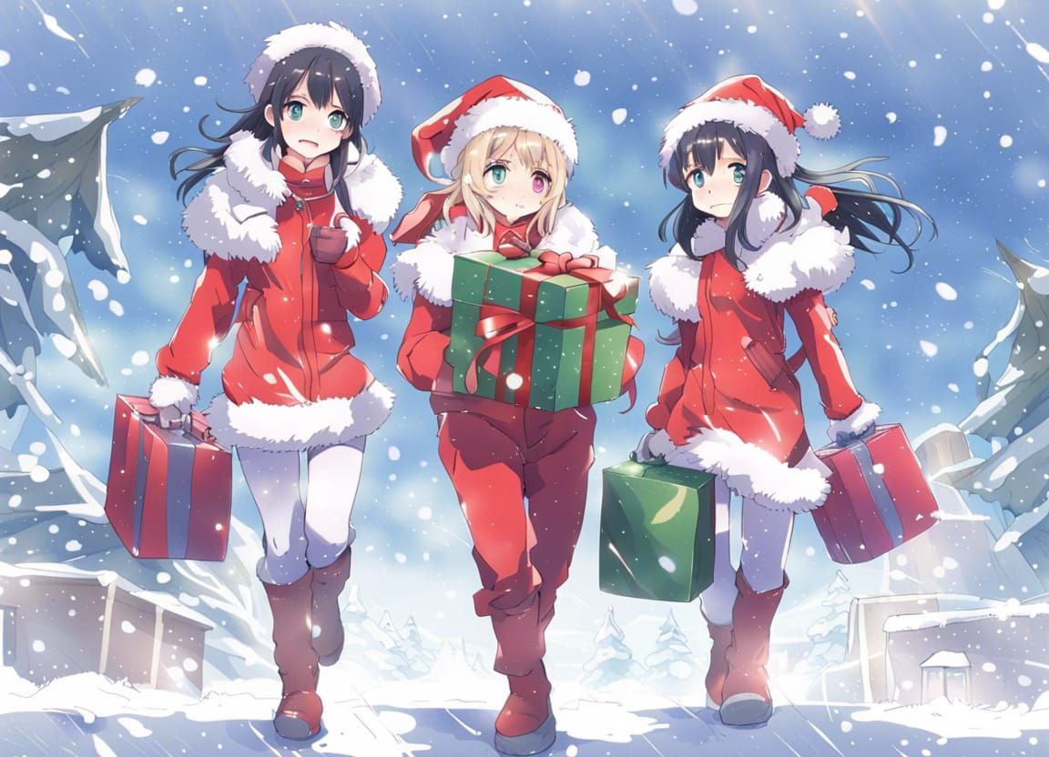 Snow Elves Delivering Gifts in Anime Style