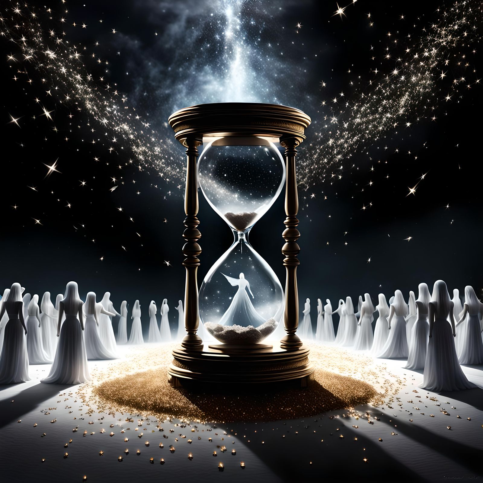 Crystal Hourglass with Falling Stars and Ghosts