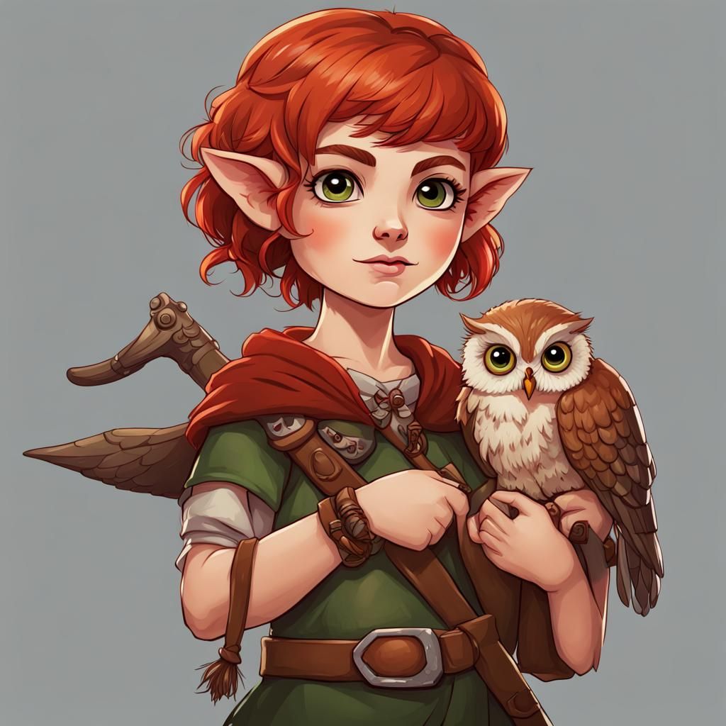 Halfling Druid Girl with Owl and Slingshot