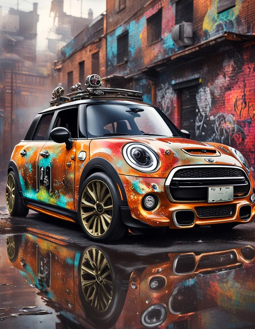 Steampunk Car with Visible Engine in Graffiti Art