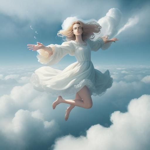 Ethereal Floating Figure in Surreal Cloudscape