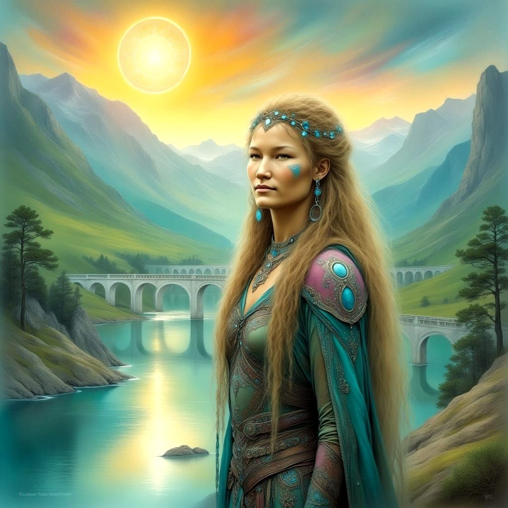 Exquisite Female Elf in Leather Armour against Iridescent Br...