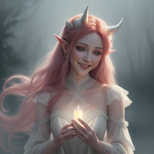 Red Demon Girl in Ethereal Fantasy Landscape