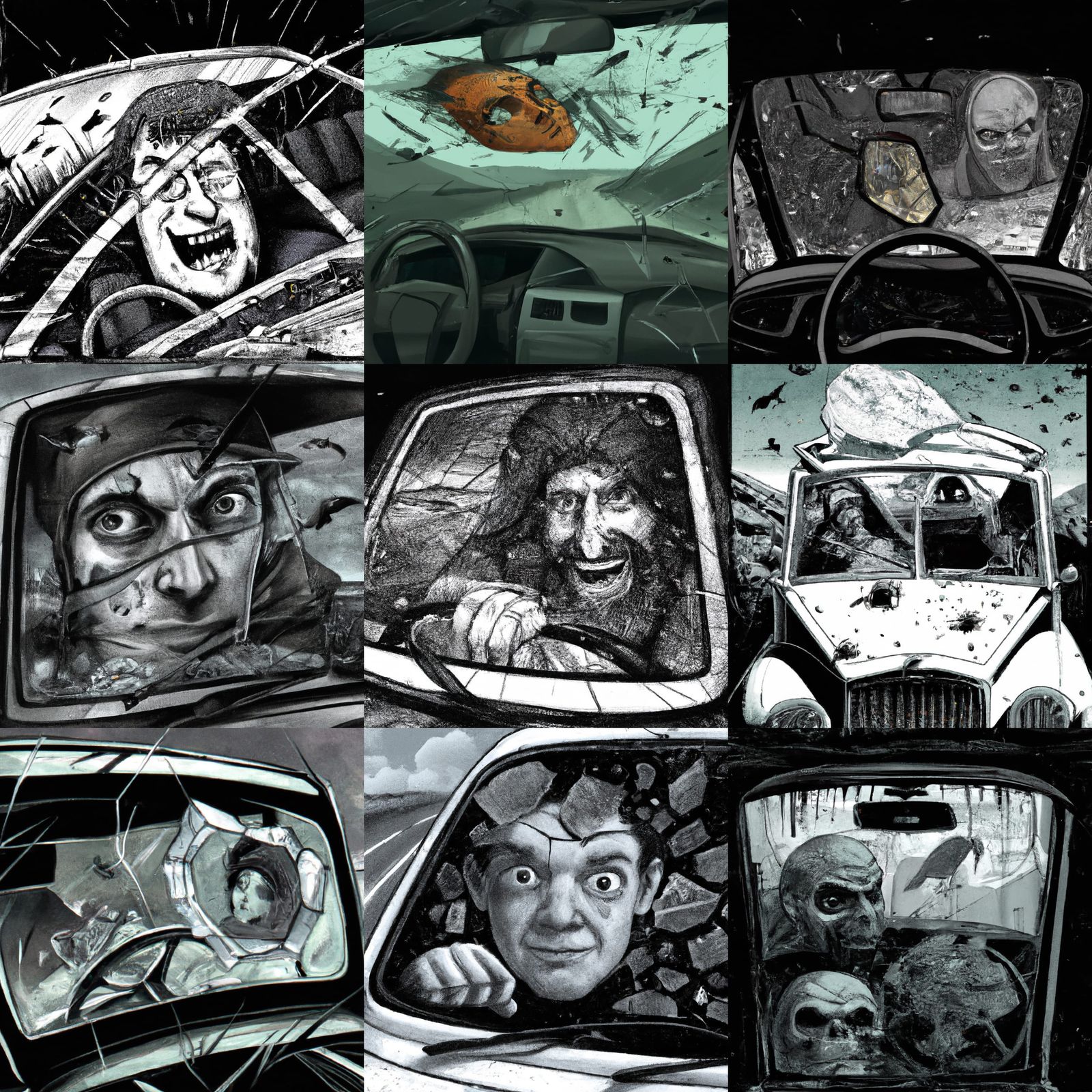 Sinister Smashed Face and Broken Windshield