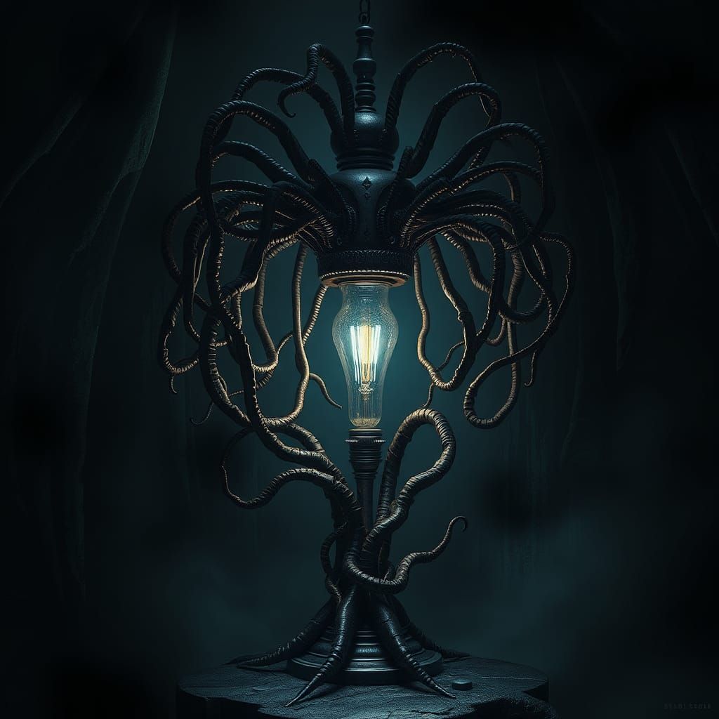 an eerie, biomechanical lamp with organic, spine-like forms ...