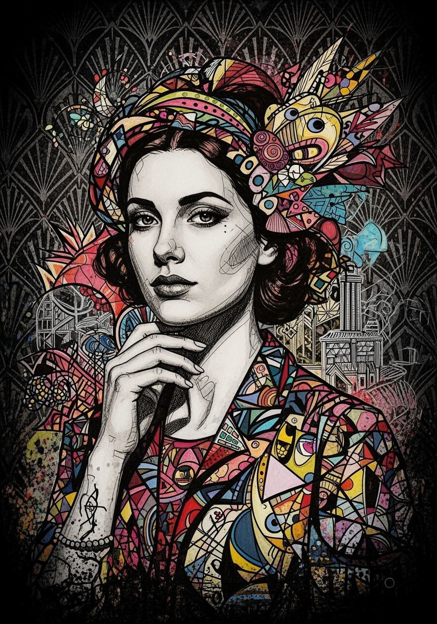 Art Deco Female Portrait in Cubist Impasto Style