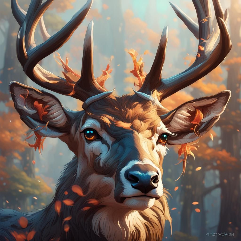 Detailed Deer Portrait with Lopsided Horns