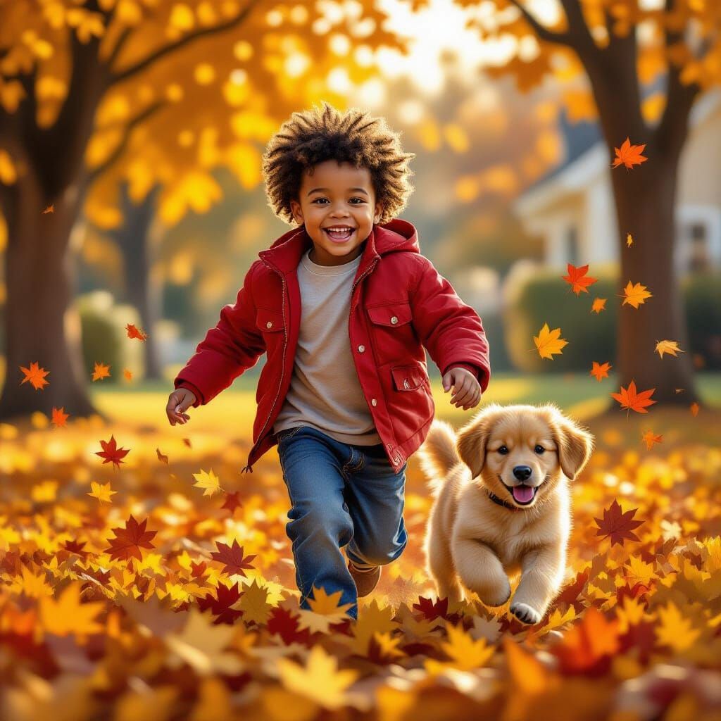 Joyful Boy and Puppy Play in Autumn Leaves