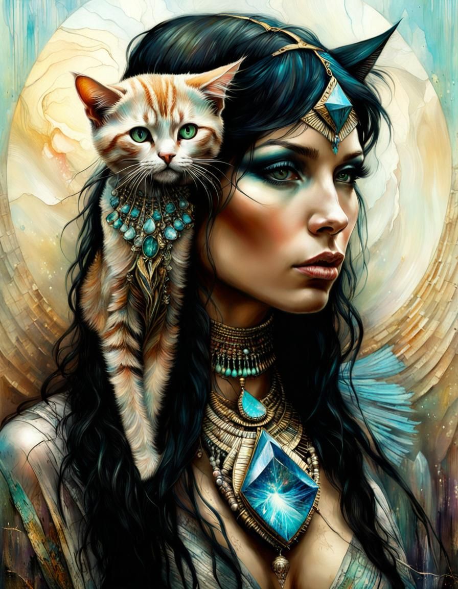 Egyptian Goddess Cat Portrait in Surrealist Style