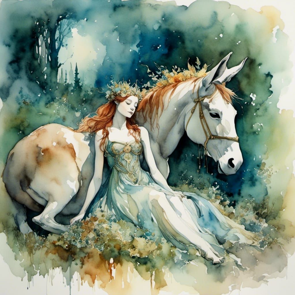 Titania and Bottom in Romantic Watercolor Style