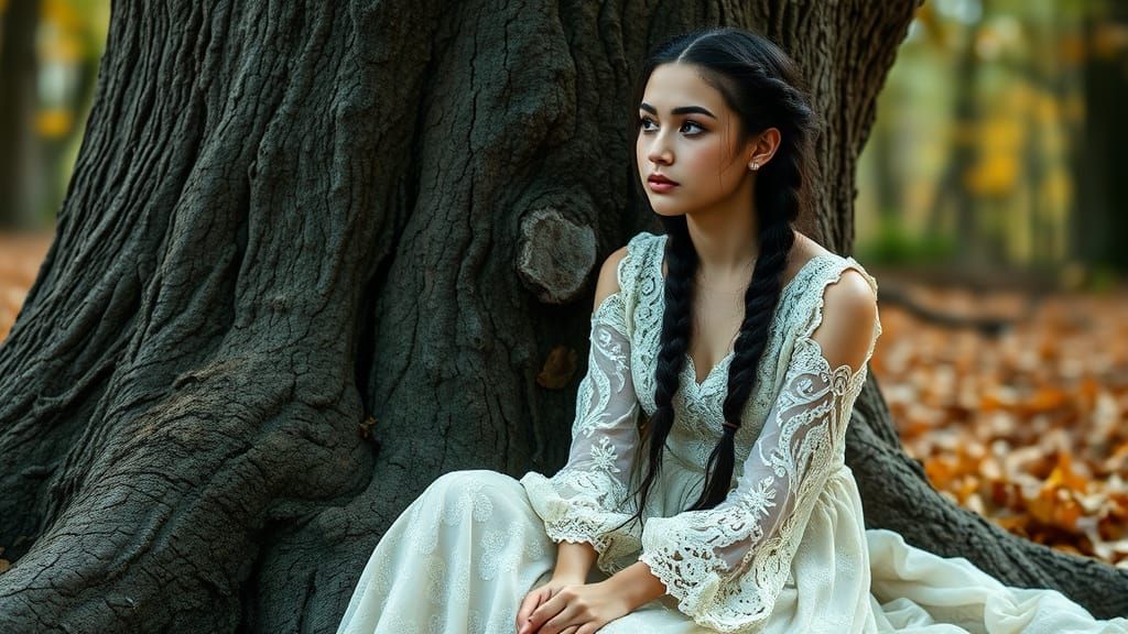 Girl in Lace Dress in Autumn Forest