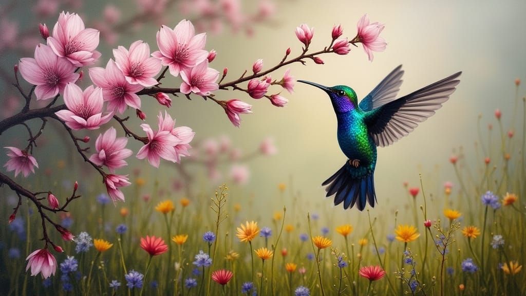 Hummingbird in Baroque Oil Painting Style