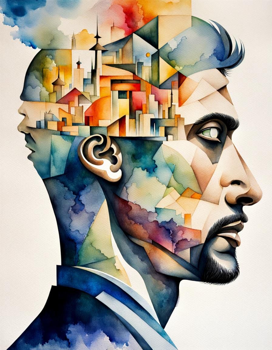 Double Exposure Mindscape in Watercolor and Ink